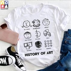 Product details: ✔️✔️✔️ TITLE NAME: History Of Art Teacher Vintage T-Shirt, Teacherlife Shirt, Teacher Lovers Shirt, Teacher Shirt, Art Teacher Shirt, Art Class Shirt ✔️✔️✔️ IMPORTANT NOTE: Both Men and Women can we our shirts because this is unisex style t-shirts;  Wash item inside out in cold water, do not bleach, do not dry clean, do not iron directly on the design. ✔️✔️✔️ MATERIAL: 5.3-ounce, 100% cotton (99/1 cotton/poly (Ash) & 90/10 cotton/poly (Sport Grey); Heavyweight classic unisex tee White T-shirt With Artwork For Summer, Artsy White Summer Art, Artsy Artwork T-shirt For Summer, Artsy Summer T-shirt With Artwork, White Tops With Graphic Print For Artistic Expression, Artistic White Top With Screen Print, Artsy White T-shirt With Artwork, Artsy Short Sleeve Tops With Artwork, Artsy Summer Screen Print Art