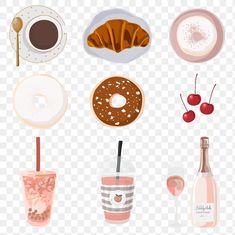 an assortment of food and drinks on a table, including donuts, croissants, coffee, milkshake, watermelon, ice cream