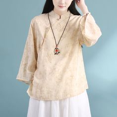 Details: Gender: Women Item Type: Blouse Material: Linen Pattern Type: Print Season: Spring, Summer, Autumn Style: Leisure, Daily, Retro Occasion: Going Out, Daily Size: One Size Length: 62.00 cm/ 24.41 " Bust: 112.00 cm/ 44.09 " Shoulder: 40.00 cm/ 15.75 " Sleeve: 60.00 cm/ 23.62 " Beige Stand Collar Top For Spring, Casual Spring Blouse With Stand Collar, Spring Top With Stand Collar, Beige Stand Collar Tops, Spring Vintage Top With Stand Collar, Vintage Stand Collar Top For Spring, Spring Vintage Blouse With Stand Collar, Linen Pattern, Summer Retro