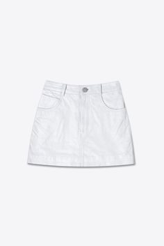 THE ULTRA MINI Skirt is crafted from 100% Leather in an ultra mini cut. Featuring 4 Pockets, Hidden button & clip fastening and a Silver zip fly. Finished with our signature Branded Scorpion button. White Skirt Mini, Leather Mini Skirt For Summer, White Skirt Denim, Ultra Mini Skirt, White Leather Skirt, White Denim Mini Skirt, Mini Skirt White, Skirt Details