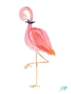 a painting of a pink flamingo standing on one leg