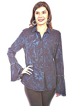 Gorgeous Two Toned Western Blouse This classic blouse gets a new twist in this pre-washed black and blue combo from Honey Creek. This western inspired blouse features a full button front, point collar and ruffled sleeves with frayed edges. Machine wash cool and tumble dry low. Western Blouse, Classic Blouse, Classic Blouses, Ruffled Sleeves, Two Tone, Blue Black, Honey, Twist, Collar