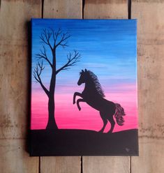 a painting of a horse standing in front of a tree with pink and blue sky