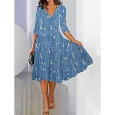 Season:Summer,Spring,Fall; Fabric:Polyester; Sleeve Length:3/4 Length Sleeve; Look After Me:Machine wash; Gender:Women's; Style:Mature,Streetwear,Modern,Fashion; Elasticity:Micro-elastic; Occasion:Date,Weekend,Outdoor,Going out,Daily; Fit Type:Regular Fit; Dresses Type:SpringDress,Print Dress,Swing Dress,A Line Dress; Pattern:Floral; Design:Print; Neckline:V Neck; Front page:FF; Listing Date:08/01/2023; 2024 Trends:2023; Bust:; Length:; Shoulder Width:; Sleeve:; Fit US Size:; Fit UK Size:; Fit E Modern Streetwear, Fashionable Dresses, Clothing Catalog, V Neck Midi Dress, Korean Casual, Trends 2023, Fall Fabric, Mid Length Skirts, 2024 Trends