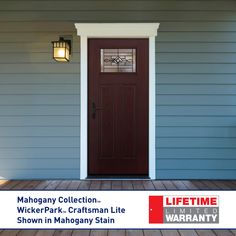 the front door of a house with an advertisement on it that says, michigan collection wicker park craftsman's lite show in mahogany stain