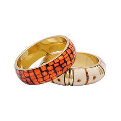 "Win-Win deal - a value set of two gorgeous handmade organic bone art bangles - mosaic orange & natural smoked white in the price of one bangle with complimentary pure cotton gift bag packing and individual box for safe shipping. HAND-CRAFTED WITH CARE:  Individually hand-crafted with love and care by our master artisans. One of its kind. We take utmost care to create these jewelry pieces with perfection. Since they are purely handmade, they may have slight variations, which is the natural outco Orange Bangle Bracelet For Gift, Orange Bangle Bracelets As A Gift, Hand Painted Bangle Jewelry Gift, Hand Painted Gold Bracelets For Gift, Gold Hand Painted Bracelets For Gift, Gold Hand Painted Bracelets As Gift, Bohemian Orange Bangle For Gifting, Adjustable Orange Bangle For Gift, Orange Bohemian Bangle As A Gift