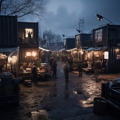 a group of people standing around in front of some shacks at night with lights on