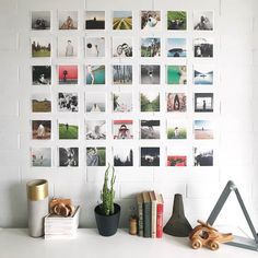 a white wall with many pictures on it and some plants in front of the photo