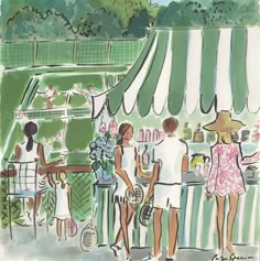 a painting of people standing in front of a tennis court