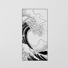 an ink drawing of the great wave in black and white