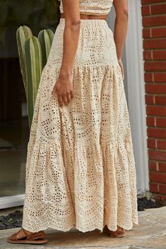 Eyelet Ruffle Maxi Skirt - BARUCH Style Beige Ruffled Midi Skirt, Beige Tiered Skirt For Brunch, Elegant Full Skirt For Vacation, Voluminous Tiered Skirt For Brunch, Elegant Full Skirt Bottoms For Vacation, Long Ruffled Skirt Bottoms For Brunch, Voluminous Tiered Skirt Bottoms For Brunch, Beige Voluminous Tiered Skirt, Chic Ankle-length Summer Skirt