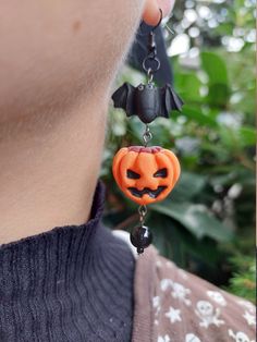 Check out this item in my Etsy shop https://www.etsy.com/listing/888895391/polymer-clay-halloween-earrings-orange Novelty Halloween Costume Jewelry, Novelty Jewelry For Halloween Costume, Handmade Halloween Costume Earrings, Handmade Jewelry For Halloween Costume Party, Bat Jewelry, Polymer Clay Halloween, Bat Earrings, Black Bat, Pumpkin Earrings