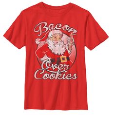 Santa Claus is staying away from the carbs, so leave him some bacon and the Lost Gods Christmas Bacon Over Cookies Boys' T-Shirt this year instead. A distressed vintage style Santa Claus is printed alongside the funny motto "Bacon Over Cookies" on this funny boy's Christmas tee. Size: large. Color: red. Gender: male. Age Group: kids. Pattern: Fictitious Character. Material: Cotton. Biys Christmas Shirts, Boys Christmas Shirts Vinyl, Christmas Bacon, Santa Tee, Funny Boy, Kids Clothes Boys, Boys Christmas, Boy Tees, Slim Fit Shorts