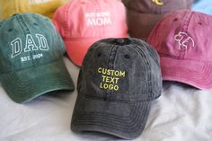 ✨ HOW TO ORDER ✨ 1-- Choose the optional and add custom information in personalization box 2-- If want to add logo, please send me the picture by ETSY's messenger 3-- I will send a draft let you confirm 4-- After confirmed, Item(s) will process and shipped asap. ✨ HAT INFORMATION ✨ --6 panel unstructured crown --Unisex Caps --One Size fits most (with adjustable metal buckle back closure) --Garment-washed superior cotton twill, Soft comfortable feel without weighing down your head --Colorful Prin Holiday Hats, Embroidery Digitizing, Embroidered Hat, Embroidered Caps, Embroidered Hats, Text Logo, Party Hat, Custom Hats, Digital Embroidery