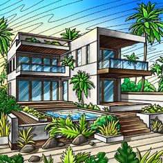 this is an artist's rendering of a modern house in the tropical style with palm trees