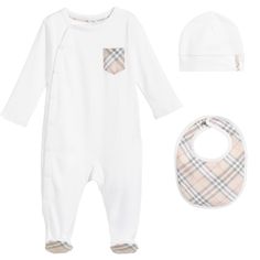 BURBERRY White 3 Piece Babygrow, Hat & Bib Gift Set Burberry Baby, The Collection, 3 Piece, Gift Set