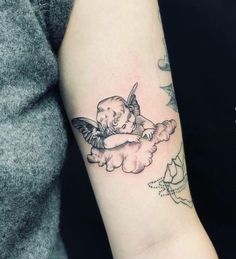 Angel Moon Tattoo, Fine Line Cherub, Baby Angel Tattoo, Paper Moon, Music Tattoos