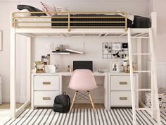 a white loft bed with a desk and chair in front of it, next to a striped rug