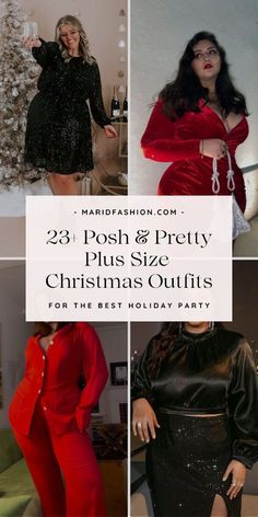 Christmas Colors Outfit Ideas For Women, Black And Red Holiday Outfit, Chic Christmas Outfit Party, Christmas Outfit Plus Size Women, Plus Size Christmas Party Dress, Curvy Elegant Dress, Midsize Christmas Outfits, Holiday Office Party Outfit Plus Size, Curvy Holiday Party Outfit