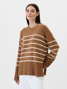 Oversized 24/7 Split-Hem Crewneck Sweater Fall Striped Crew Neck Sweater, Premium Striped Cotton Sweater, Fall Striped V-neck Sweater, Casual Striped V-neck Sweater With Long Sleeves, Striped Fitted V-neck Sweater, Pajamas Gift, Baby Pajamas, Tunic Sweater, Navy Stripes