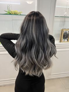 Ash Grey Hair Balayage Dark Brown, Black Ash Blonde Balayage, Ash Grey Balayage On Brown Hair, Balayage Ash Grey Brown, Dark Silver Balayage, Silver Brown Balayage, Balayage Silver Hair Brunette, Ash Gray Hair Balayage, Ashy Brown Balayage On Dark Hair