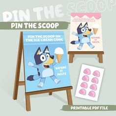 an ice cream sign with the word pin the scoop on it and two pictures of cartoon characters