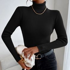 Shein Black Knit Turtleneck Never Worn Size Medium; Super Stretchy And Comfy Luxury Fall Turtleneck With Ribbed Collar, Black Fitted Turtleneck, Turtlenecks For Women, Womens Turtleneck Outfit, Black Turtleneck Top, Black Turtleneck Sweater Outfit, Turtle Neck Outfit Women Casual, School Dance Outfits, Turtleneck Sweater Outfit