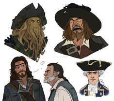 four pirates with different facial expressions and hats