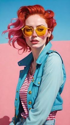 a woman with red hair and yellow sunglasses is standing in front of a pink wall