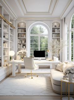 a living room filled with white furniture and lots of bookshelves next to a window