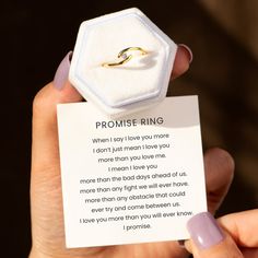 DESCRIPTION   With a meaningful message card included, this bypass ring is the perfect promise ring. It also serves as a reminder that the love between you is forever.   CARD MESSAGE   When I say I love you more   I don’t just mean I love you more than you love me.   I mean I love you more than the bad days ahead of us.   more than any fight we will ever have.   more than any obstacle that could   ever try and come between us.   I love you more than you will ever know.   I promise.   SPECIFICATIONS  Stone: AAA Grade Cubic Zirconia Metal: 925 Sterling Silver Plated with 18k Gold Nickel and Tarnish Free FREE Original Message Card What To Say When Giving A Promise Ring, Promise Ring Quotes For Her, Promise Ring Notes For Her, What Is A Promise Ring, Promise Ring Quotes For Him, Promise Quotes Relationships, Promise Ring Vows, Promise Ring Meaning, Promise Ring Message