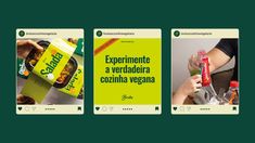 three cards showing different types of food and beverages in green colors, with the text experimete a vendadera comma vegana written on them