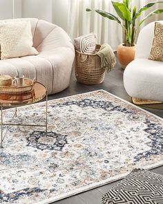 a living room with two couches, a coffee table and a rug on the floor