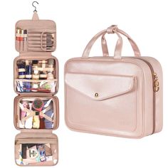 Pink hanging cosmetic bag is perfect for women. There are four layers to store your toiletry things. With clear pouch inside, you can find your toiletry easily. Bags For Makeup, Travel Assessories For Women, Rosa Make-up, Hanging Cosmetic Bag, Makeup Travel Bag, Cute Makeup Bags