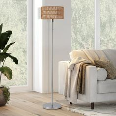 a living room with a couch, lamp and potted plant on the floor next to it