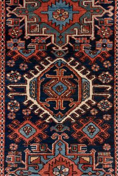 Dimensions: 3'6" x 10'4" (107 cm x 315 cm). Circa: 1920. Colors: blue, brown, dim gray, gray, pink, red, redwood. Karaje is a town in north west Iran in the Azerbaijan province close to Heriz. They are known for producing geometric rugs similar to Heriz on a cotton foundation and single wefted. Geometric Rugs, Dim Gray, A Town, Azerbaijan, Geometric Rug, North West, Runner Rug, Pink Red, Iran