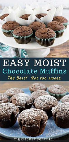 chocolate muffins with powdered sugar on top and the title overlay reads easy moist chocolate muffins