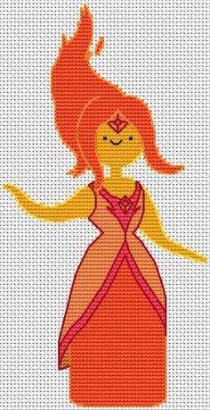 a cross stitch pattern of a woman with red hair and orange dress, holding her arms out