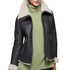 Women's Sheepskin Fur Leather Jacket In Black Fitted Black Sheepskin Leather Jacket, Shearling Leather Jacket With Long Sleeves And Zipper Closure, Luxury Sheepskin Leather Jacket With Zipper Closure, Black Shearling Leather Jacket With Zipper Closure, Luxury Black Shearling Leather Jacket, Leather Jumpsuit, Fur Leather Jacket, Shearling Vest, Distressed Jacket