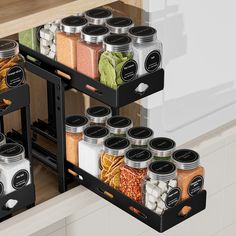 an organized spice rack in a kitchen