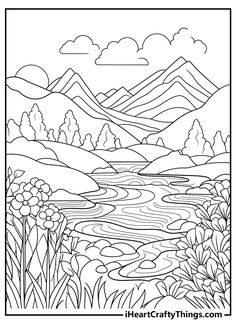 a coloring page with mountains, water and flowers in the foreground is an image of a