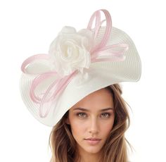 Pale Baby Candy Blush Pink White Kentucky Ascot Derby Fascinator Headband Saucer Hat Wedding Guest Tea Party Race Woman Formal Saucer Fancy Blush Pink, Candy Pink and White Cornelia Kentucky Derby Fascinator White base trimmed with baby pink loops and a white silk rose Fascinator Hat Base measures 14 inches wide This white and pale pink fascinator hat is mounted with a matching headband. If you prefer a headband to match your hair, please make a note at check out what colour headband you want. T Cream Mini Hat For Summer Ceremony, Cream Mini Hats For Summer Ceremonies, Cream Mini Hat For Summer Ceremonies, Summer Ceremony Cream Mini Hats, Summer Fascinator With Ribbon, White Mini Hat For Kentucky Derby Ceremony, Elegant Spring Ribbon Fascinator, White Mini Hats For Kentucky Derby Ceremonies, White Hat With Ribbon And Short Brim