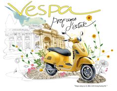 a yellow scooter is parked in front of a building with flowers on it