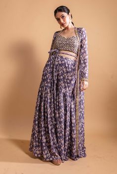 Ria Shah-Purple Print Sharara And Jacket Set-INDIASPOPUP.COM South Dress, Embroidered Bustier, Sharara Pants, Floral Print Jacket, Anamika Khanna, Pranali Rathod, December Wedding, Purple Jacket, Sharara Set