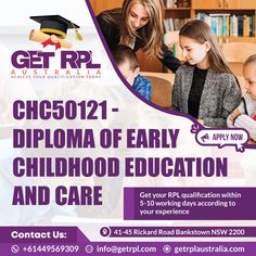 a flyer for a child's education and care program with children in the background