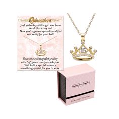 "Sterling silver quinceanera necklace for girls with a stunning tiara crown pendant and is part of our Timeless Collection. This is designed with 14K gold-plated tiara with a sterling silver \"15\". This charm is special and represents her 15 years with a stone for each year on the pendant. This pendant floats on a 16-18 inch adjustable Italian wheat chain so you can adjust it to the perfect length. This pendant is sterling silver with gold-plating. High quality keepsake necklace comes with a sw Gold Birthday Jewelry With Crown Design, Gold Jewelry With Crown Design For Birthday, Princess Style Jewelry With Crown Design, Personalized Princess Style Jewelry For Gifts, Personalized Princess Style Jewelry Gift, Gold Princess Style Jewelry For Gift, Princess Style Gold Jewelry Gift, Princess Style Gold Jewelry For Gifts, Elegant Gold Jewelry For Sweet 16