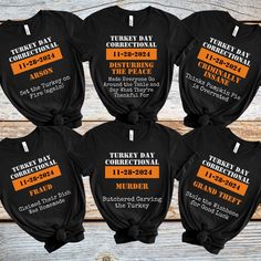 🦃 Get your crew in on the fun with our Turkey Day Correctional shirts, featuring hilarious 'crimes' that will have everyone at the Thanksgiving table laughing. Perfect for family gatherings, Friendsgiving, or any turkey-loving troublemakers, these shirts add a playful twist to your holiday celebration! 🦃 👕 BELLA CANVAS UNISEX T-SHIRT DETAILS 👕 * Material: Super soft cotton for unmatched comfort. * Style: Unisex fit for versatile wear. * Note: Rolled sleeves in pictures are for styling purpos Funny Thanksgiving Shirts For Family, Family Matching Thanksgiving Shirt, Fun Family Thanksgiving Shirts, Thanksgiving Cousin Shirts, Thanksgiving Family Shirts Ideas, Funny Family Thanksgiving Shirts, Thanksgiving Shirt Ideas For Family, Thanksgiving Couple Shirts, Thanksgiving Shirts For Family