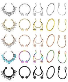 many different types of piercings are shown in this image, including hoop earrings and nose rings