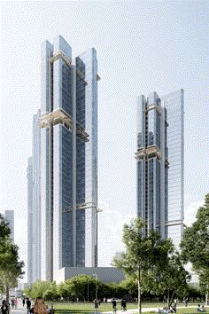 two tall skyscrapers with people walking on the sidewalk in front of them and trees