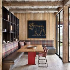 carved moose in breakfast rooms of lodge retreat house Interior Design Engineering, Lodge House, Big Sky Country, Benjamin Moore Colors, Rustic Dining Room, Mountain Modern, Lodge Decor, Luxe Interiors, Rustic Dining